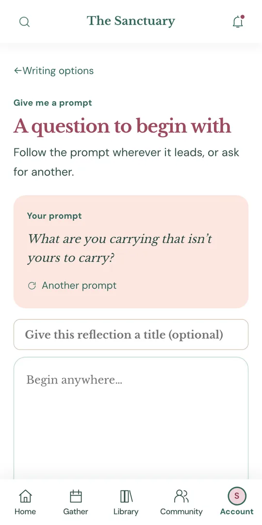 The Sanctuary on a phone: a journal prompt and a private page to write on.