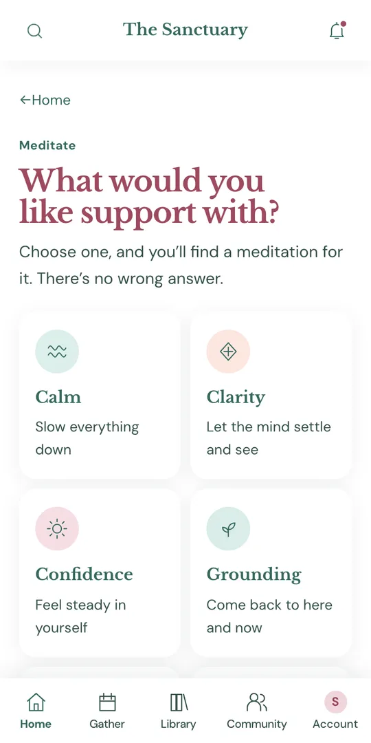 The Sanctuary on a phone: What would you like support with? Calm, Clarity, Confidence, Grounding.